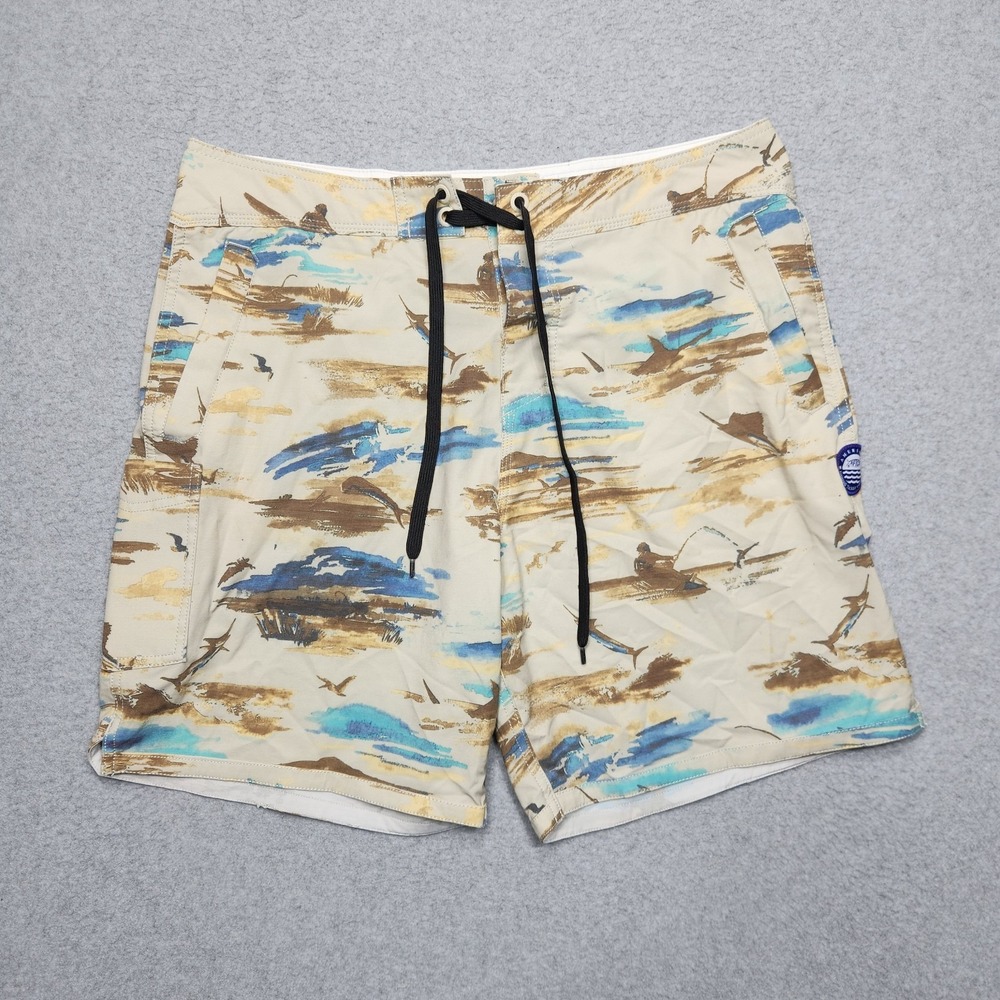 Aftco Shorts Mens 34 Beige Fishing Print Cargo‎ Board Swim Boating Outdoors